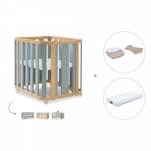 Minicuna-cuna (4en1) madera/verde + colchón + textil minicuna Arena · Crea Plus Tre Eucalyptus
