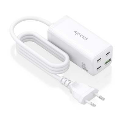 Aisens Cargador GAN 100W - 3xUSB-C PD3.0, QC4.0, QC5.0 - 1xUSB-A QC3.0 - Cable 1.4 Metros - Color Blanco