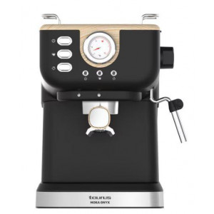 Cafetera espresso Taurus Moka Onyx CM1050P, 20 bares, 1050 W, depósito 1,5 litros, manómetro, BaristaCream, vaporizador, negro y madera