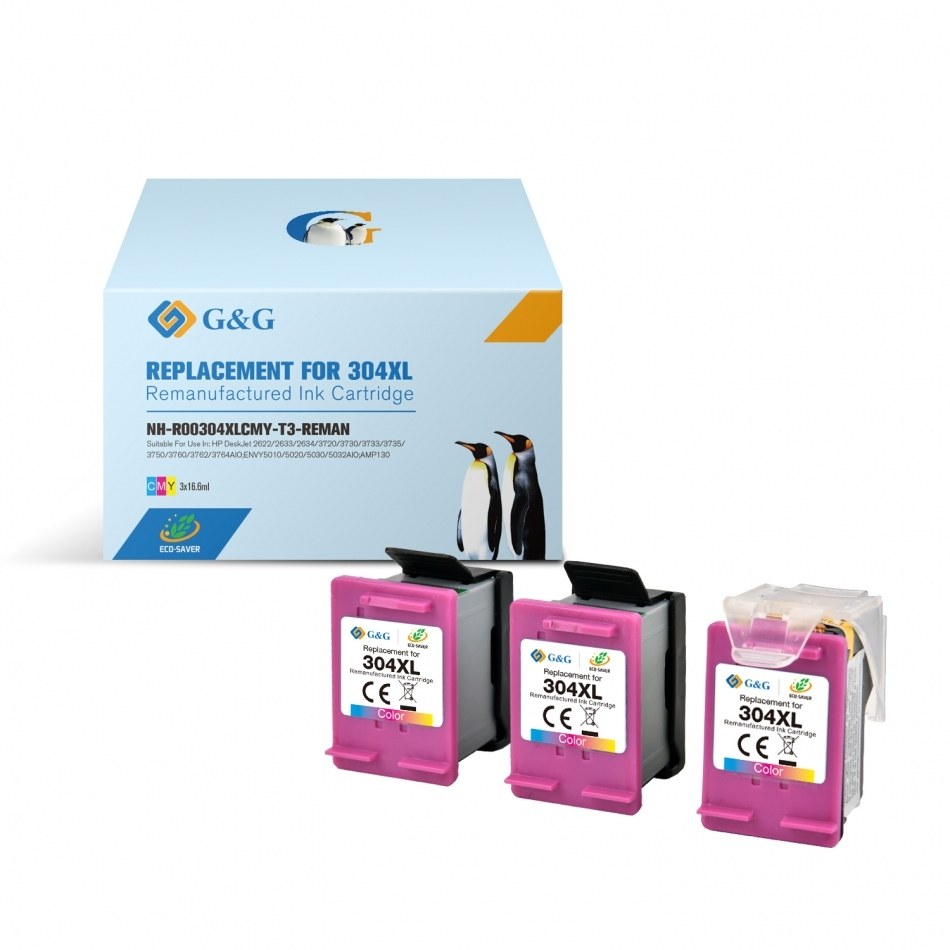 G&G HP 304XL Color Pack de 3 Cartuchos de Tinta Remanufacturados - Eco Saver - Muestra Nivel de Tinta - Reemplaza N9K07AE/N9K05AE