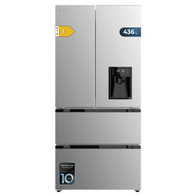 Cecotec Bolero CoolMarket FD 436 WD Inox E Frigorifico Puerta Francesa de 4 Puertas - 463L - Compresor Inverter - Modo Vacaciones - Dispensador de Agua - Frio Envolvente - 83.6x63.6x183cm - Color Acer