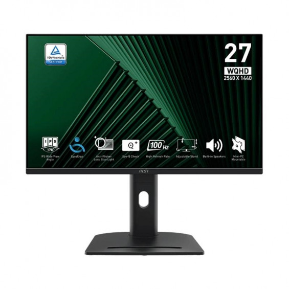 Monitor MSI PRO MP275QPG, 27 pulgadas, QHD, IPS, 100 Hz, 1 ms MPRT, altura regulable, altavoces, HDMI, DisplayPort, negro