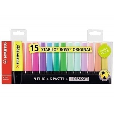 Stabilo Boss 70 Pack de 15 Marcadores Fluorescente - Trazo entre 2 y 5mm - Recargable - Tinta con Base de Agua - Colores Surtidos