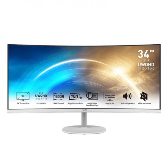Monitor MSI PRO MP341CQW, 34 pulgadas, UWQHD, VA, 100 Hz, 1 ms MPRT, curvo, altavoces, DisplayPort, FreeSync, blanco
