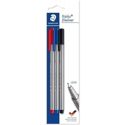 Staedtler Triplus Fineliner 334 Pack de 3 Rotuladores de Punta Fina - Trazo de 0.3mm Aprox - Diseño Ergonomico - Tinta Base de Agua - Colores Surtidos