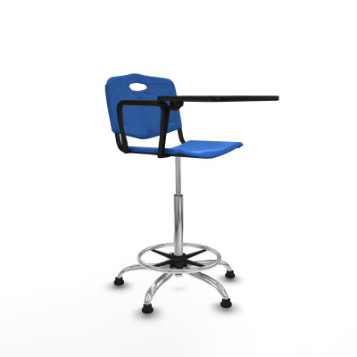 Taburete Robledo giratorio plástico azul brazo con pala diestros base cromada topes