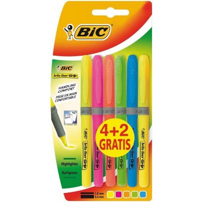 Bic Brit Liner Grip 4+2 Pack de 6 Marcadores Fluorescentes - Tinta con Base de Agua - Punta Biselada - Trazo entre 1.60 y 3.30mm - Colores Surtidos