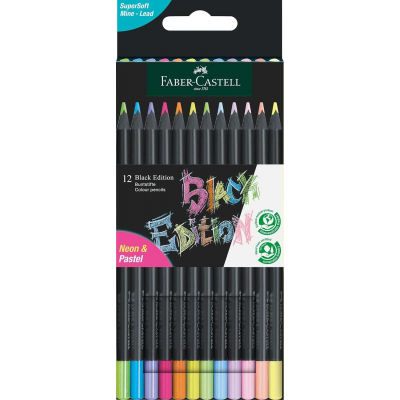Faber-Castell Black Edition Pack de 12 Lapices de Colores Neon+Pastel - Mina Supersuave - Madera Negra - Ideales para Dibujo sobre Papel Claro, Oscuro y de Colores - Colores Surtidos