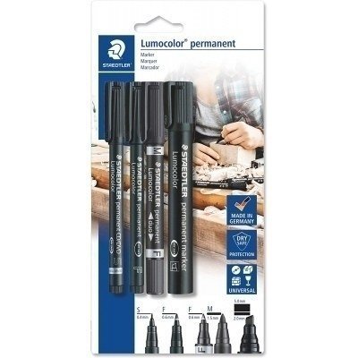 Staedtler Lumocolor Permanent Pack de 4 Rotuladores Permanentes - Diferentes Puntas - Resistente al Agua - Recargables - Color Negro