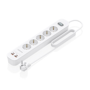 AISENS - REGLETA DE ENCHUFES MULTIFUNCION CON 5 TOMAS + CARGADOR PD3.0 20W 2xUSB-C, 2xUSB-A, 1.4M, BLANCO