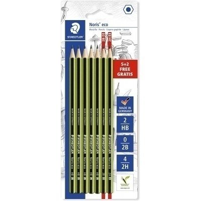 Staedtler Noris Eco Pack de 7 Lapices de Grafito Hexagonales - Graduaciones Surtidas - Superficie Aterciopelada - Mina de Deslizamiento Suave - Resistencia a la Rotura -