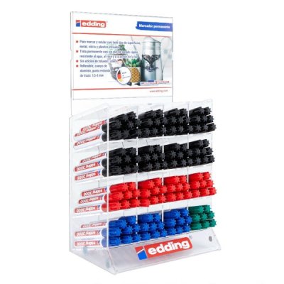 Edding 3000 Expositor con 128 Rotuladores Permanentes - Punta Redonda de 1.5mm - Trazo entre 1.5 y 3mm - Recargable - Secado Rapido - Colores Negro, Azul, Rojo y Verde
