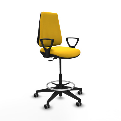 Taburete Elche CP similpiel amarillo brazos fijos base piramidal ruedas 65mm engomadas
