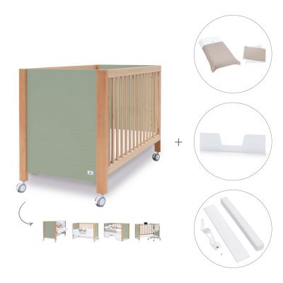 Cuna-escritorio madera/verde-oliva (5en1) 60x120 cm + textil Arena · Ombra