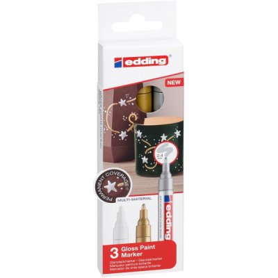 Edding 750 Pack de 3 Rotuladores Permanentes - Punta Redonda - Trazo entre 2 y 4 mm. - Tinta Opaca - Secado Rapido - Colores Blanco, Plata y Oro