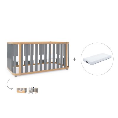 Cuna-cama madera/gris 70x140 cm (3en1) + colchón · Crea Plus Due Antracita