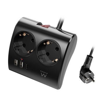 Ewent EW3871 Regleta de 2 vías con 2 cargadores USB y 1 cargador USB-C, con enchufe Schuko de 16A