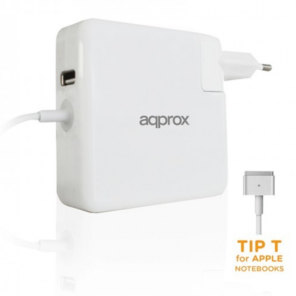 CARGADOR APPROX ESPECIFICO PARA APPLE 45/60/85W TYPE T CONEXION ADICIONAL USB 5V 2.1A