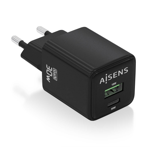 AISENS - CARGADOR GaN 30W, 1xUSB-C PD3.0 QC4.0, 1xUSB-A QC3.0, NEGRO