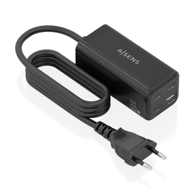 AISENS - CARGADOR SOBREMESA GaN 100W, 3xUSB-C PD3.0 QC4.0 QC5.0, 1xUSB-A QC3.0, NEGRO