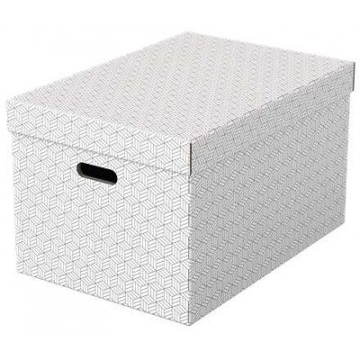 Pack de 3 cajas grandes de almacenamiento con tapa Esselte - 355x305x510mm - Cartón 100% reciclado - Asas integradas - Blanco con dibujo