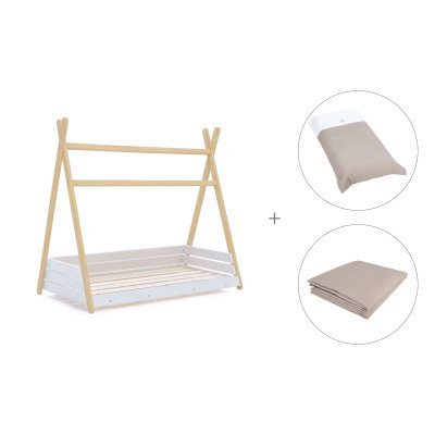 Cama cabaña Montessori madera 70x140 cm + textil Arena · Homy Life