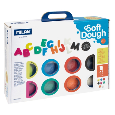 Milan Soft Dough Pack de 8 Botes de Pasta Blanda - Maletin con Herramientas - 59g por Unidad - 100% Vegetal - Moldeable - Sin Residuos - Colores Mezclables - Tematica Abecedario