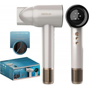 Secador de pelo Cecotec IoniCare RockStar Nano IonTech Champagne, con Plasma, 1600W, 110000rpm, pantalla, control inteligente del calor, 3 temperaturas, 3 velocidades, función memoria, blanco y dorado