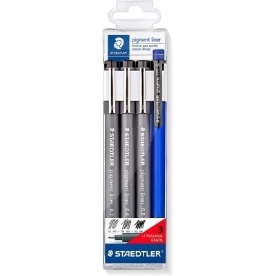 Staedtler Pigment Liner 308 Pack de 3 Rotuladores Calibrados + 1 Portaminas - Secado Rapido - Color Negro