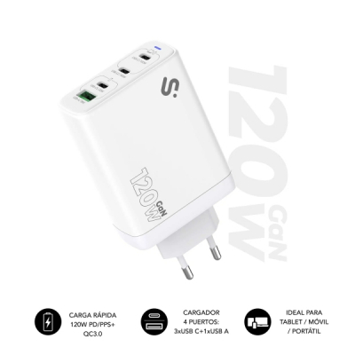 Subblim Cargador de Pared GaN 120W - 4 Puertos (3xUSB-C + 1xUSB-A) - Carga ultra rápida - Color Blanco