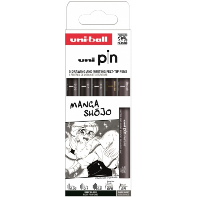 Uni-ball Uni Pin Manga Shojo Pack de 5 Rotuladores Calibrados 0.03, 0.1, 0.5, Brush Gris y EFB Negro - Punta Poliacetal - Tinta Pigmentada Resistente al Agua y Luz - Colores Negro y Gris Oscuro