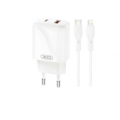 XO L158 Cargador de Corriente 20W - USB-A y USB-C - Alto Rendimiento - Incluye Cable USB-C a Lightning - Color Blanco