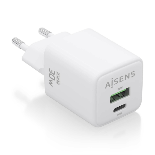 AISENS - CARGADOR GaN 30W, 1xUSB-C PD3.0 QC4.0, 1xUSB-A QC3.0, BLANCO