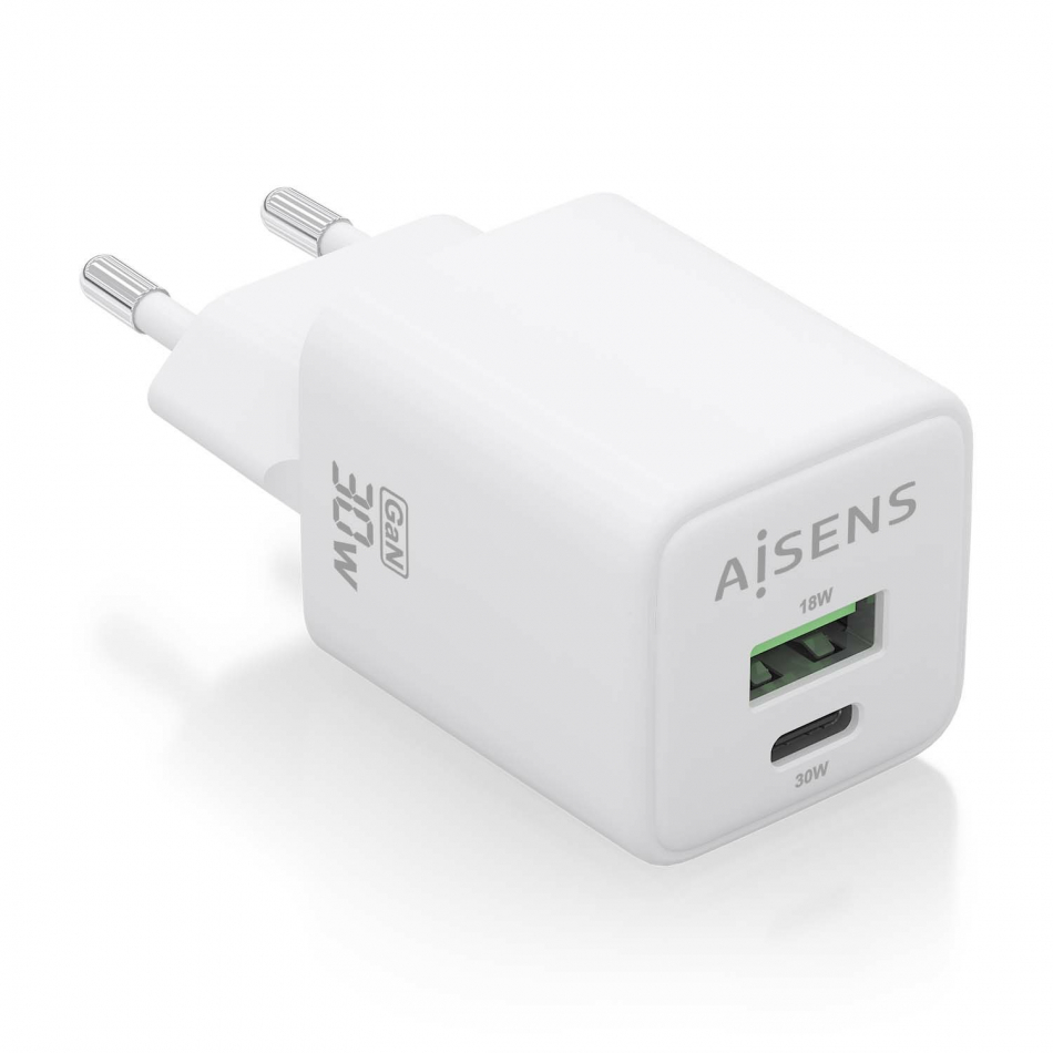 AISENS - CARGADOR GaN 30W, 1xUSB-C PD3.0 QC4.0, 1xUSB-A QC3.0, BLANCO