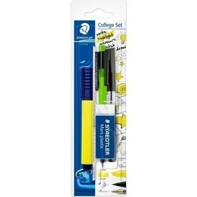 Staedtler Pack Escolar Compuesto por 1 Marcador Amarillo + 1 Goma de Borrar + 1 Boligrafo Negro + 1 Portaminas de 0.5mm + 1 Regla