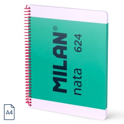 Milan Nata 624 Cuaderno Espiral Formato A4 Pautado 7mm - 80 Hojas de 95 gr/m2 - Microperforado, 4 Taladros - Color Verde