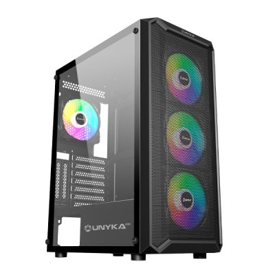 Unykach Armor 3Gen Caja ATX, Micro ATX, ITX - Lateral de Vidrio Templado - USB-A 3.0 y Audio - 4 Ventiladores 120mm ARGB Instalados - Soporta Refrigeracion Liquida