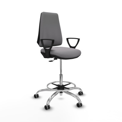 Taburete Elche CP similpiel gris brazos fijos base cromada ruedas 65mm engomadas