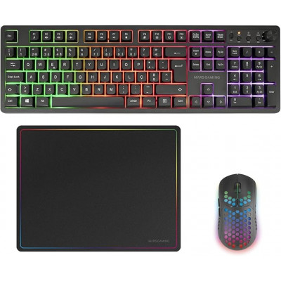 Mars Gaming MCPWX Combo Pack Gaming 3en1 - Teclado Hibrido H-Mech - Disposicion Portuguesa QWERTY PT - Raton 3200dpi - Switches HUANO - Color Negro