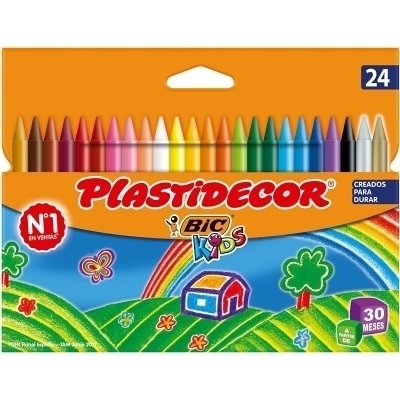 Bic Kids Plastidecor Caja de 24 Lapices de Cera - Extraresistentes - Facil de Sacar Punta - No Mancha
