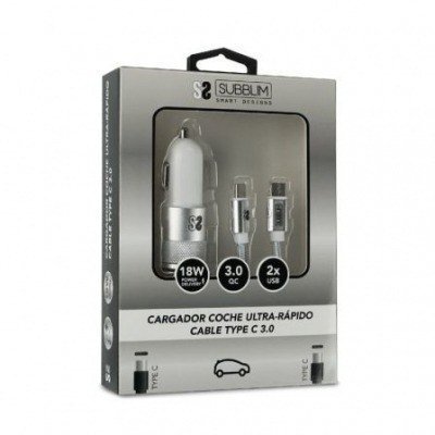 Cargador de Coche Subblim SUB-CHG-5CPD01/ 2xUSB + Cable USB Tipo-C/ 2.4A/ Plata