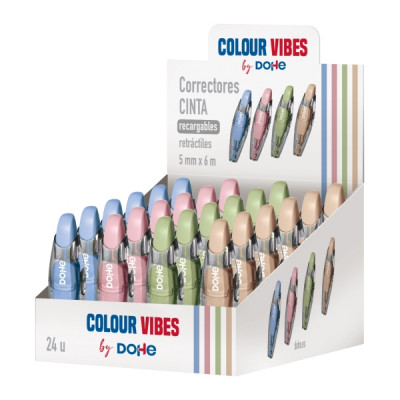 Dohe Colour Vibes Expositor con 24 Recambios de Cinta Correctora - 5mm x 6m - Retractil - Colores Surtidos