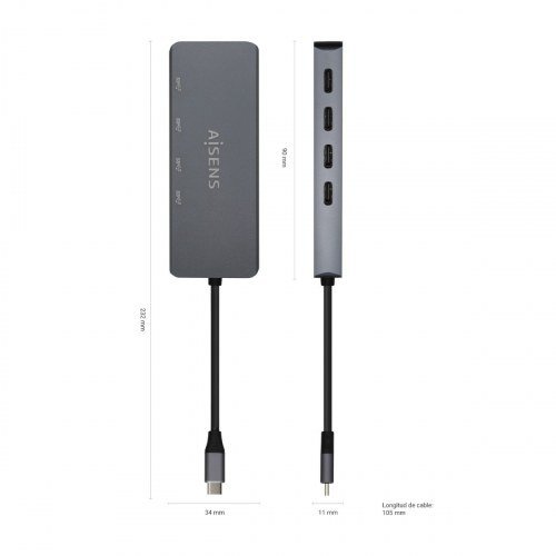 AISENS - HUB USB 3.2 GEN1 5G USB-C, USB-C/M-4xUSB-C/H, GRIS, 15CM