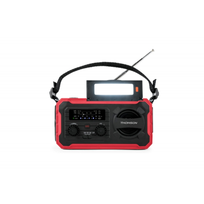 Thomson Radio Solar Portatil SOS - AM/FM - Bateria de 8000mAh - Linterna de Emergencia - 3 Modos de Carga - Funcion Powerbank - Color Rojo