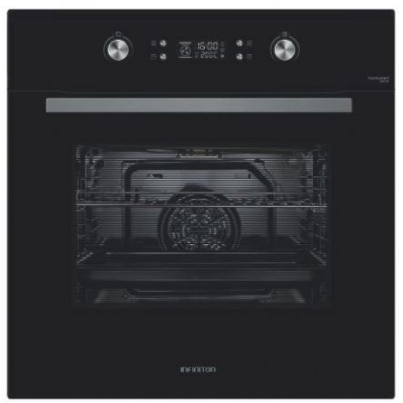 Horno pirolítico Infiniton P709FB, 70 litros, 9 funciones, 3200 W, display LED, guías telescópicas, 4 cristales, clase A, inox y negro