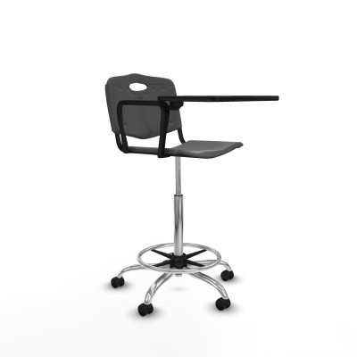 Taburete Robledo giratorio plástico gris oscuro brazo con pala diestros base cromada ruedas engomadas 50mm