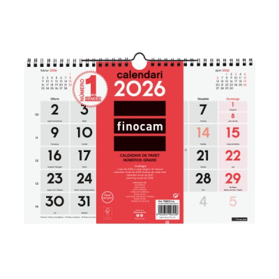 Finocam Calendario de Pared en Catalan - Anual 2026 - Formato M - 300x5x220mm - Numeros Grandes - Color Blanco y Rojo