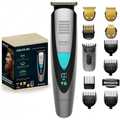 Cecotec Bamba PrecisionCare Trimmer Afeitadora Recortadora 5 en 1 - IPX7 - Cuchillas de Titanio - Bateria 500mAh - Uso Inalambrico y con Cable - Peines Ajustables - Base Incluida - Color Gris