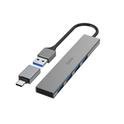 Hama Hub 3.0, 4 Puertos, 5Gbps, Slim + Adap USB-C