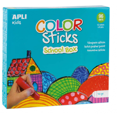 Apli Color Sticks Temperas Solidas - Caja de 96 Unidades de 10g - Colores Surtidos Ideales para Escuelas y Colectivos - Acabado Satinado y Secado Rapido en Menos de 3 Minutos - Flexible y sin Disolven